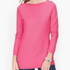 TALBOTS Pink Waffle BASKET WEAVE SWEATER SOLID Boat Neck Button‎ Size Large